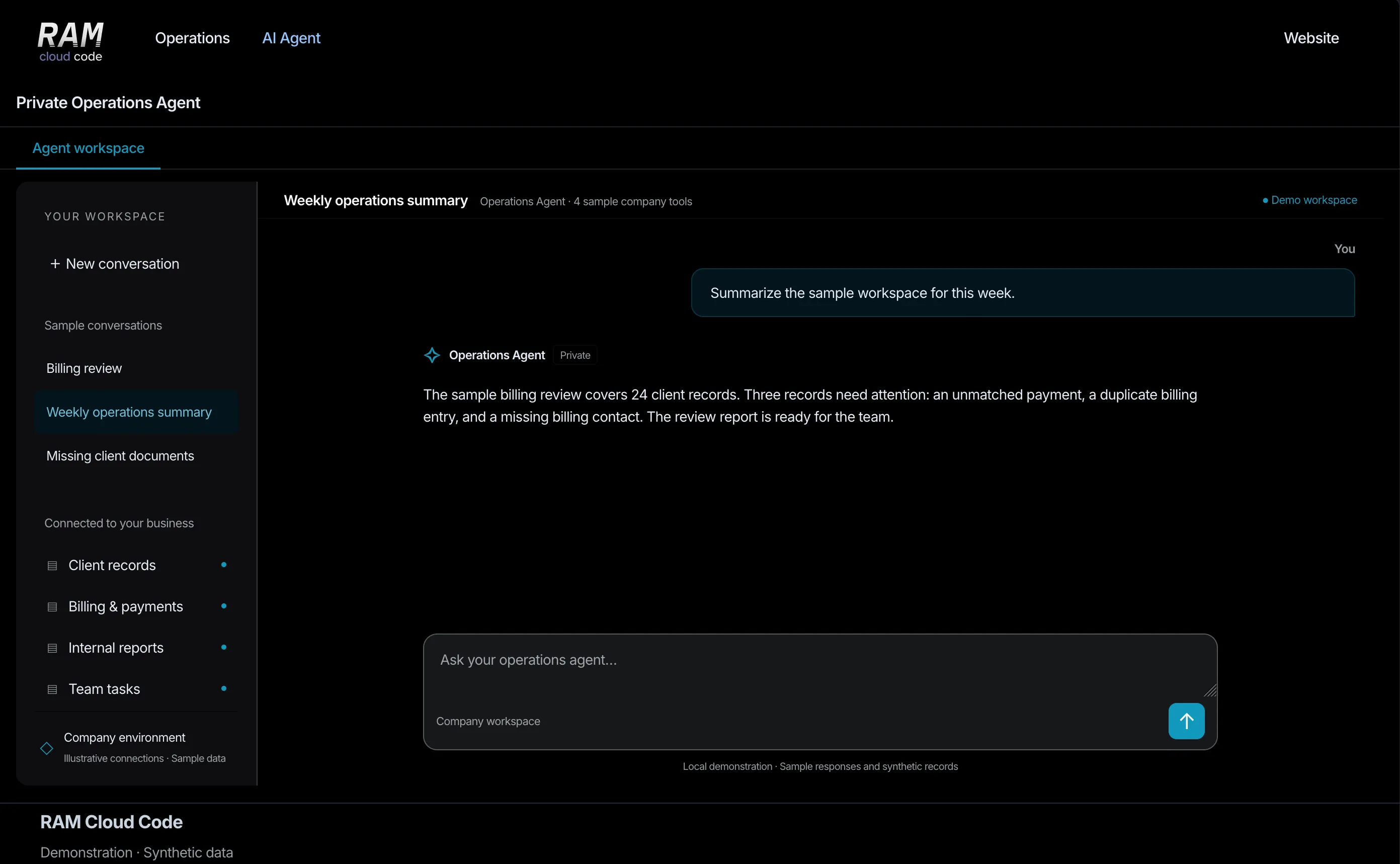 Private operations agent summarizing the week’s sample client records, billing issues, and report status inside a company workspace.